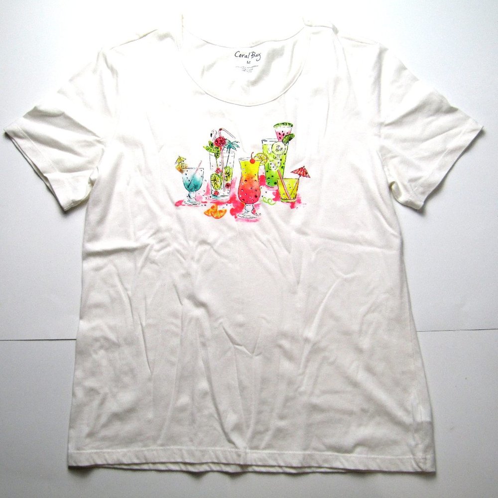 CORAL BAY Women's Medium Tropical Drink Cocktails Rhinestone Embellished T-Shirt